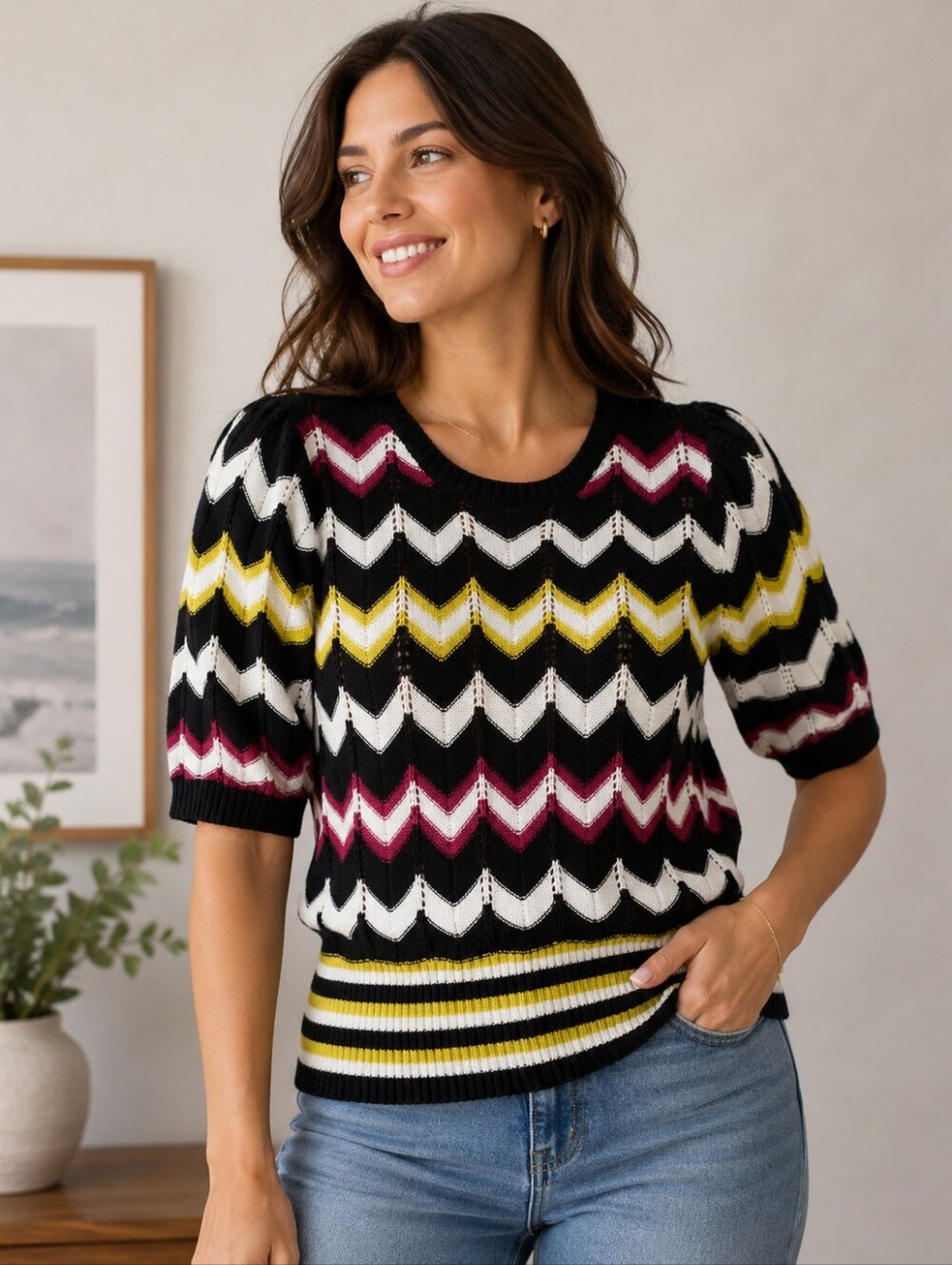 Indigo Rose Retro Short-Sleeve Pointelle Chevron Knit Sweater